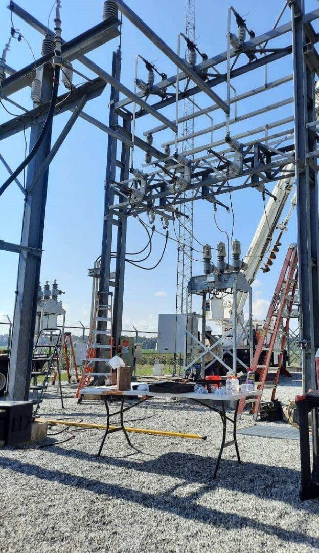 A power plant with many wires hanging from it.