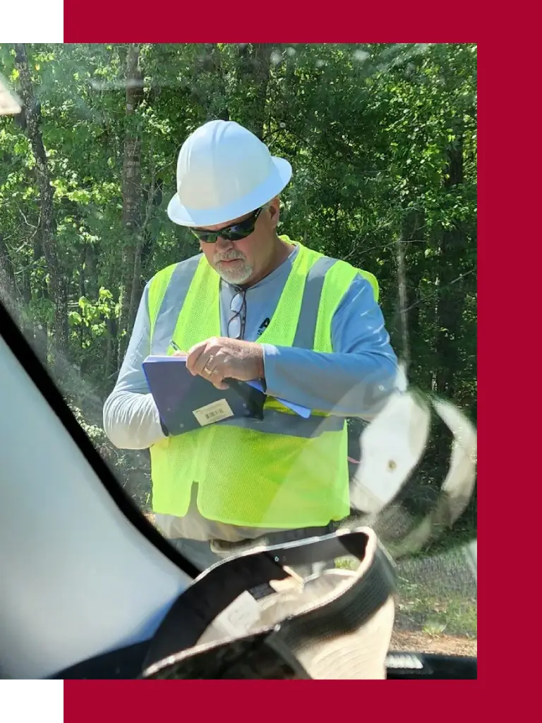 damage-assessor (1) A man in safety vest and hard hat looking at papers.